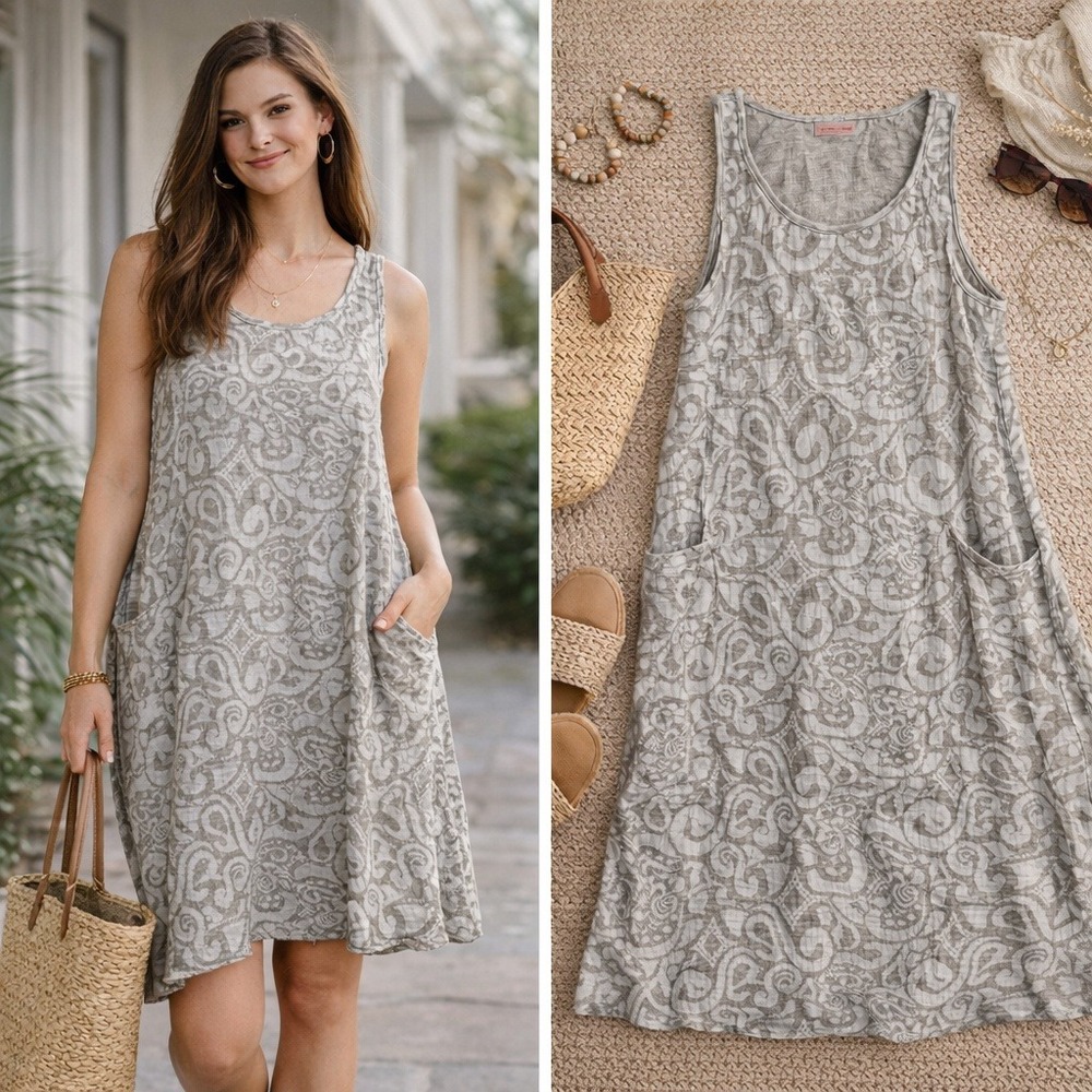 Fresh Produce Sleeveless Cotton Dress Gray White Paisley 2X Made in USA